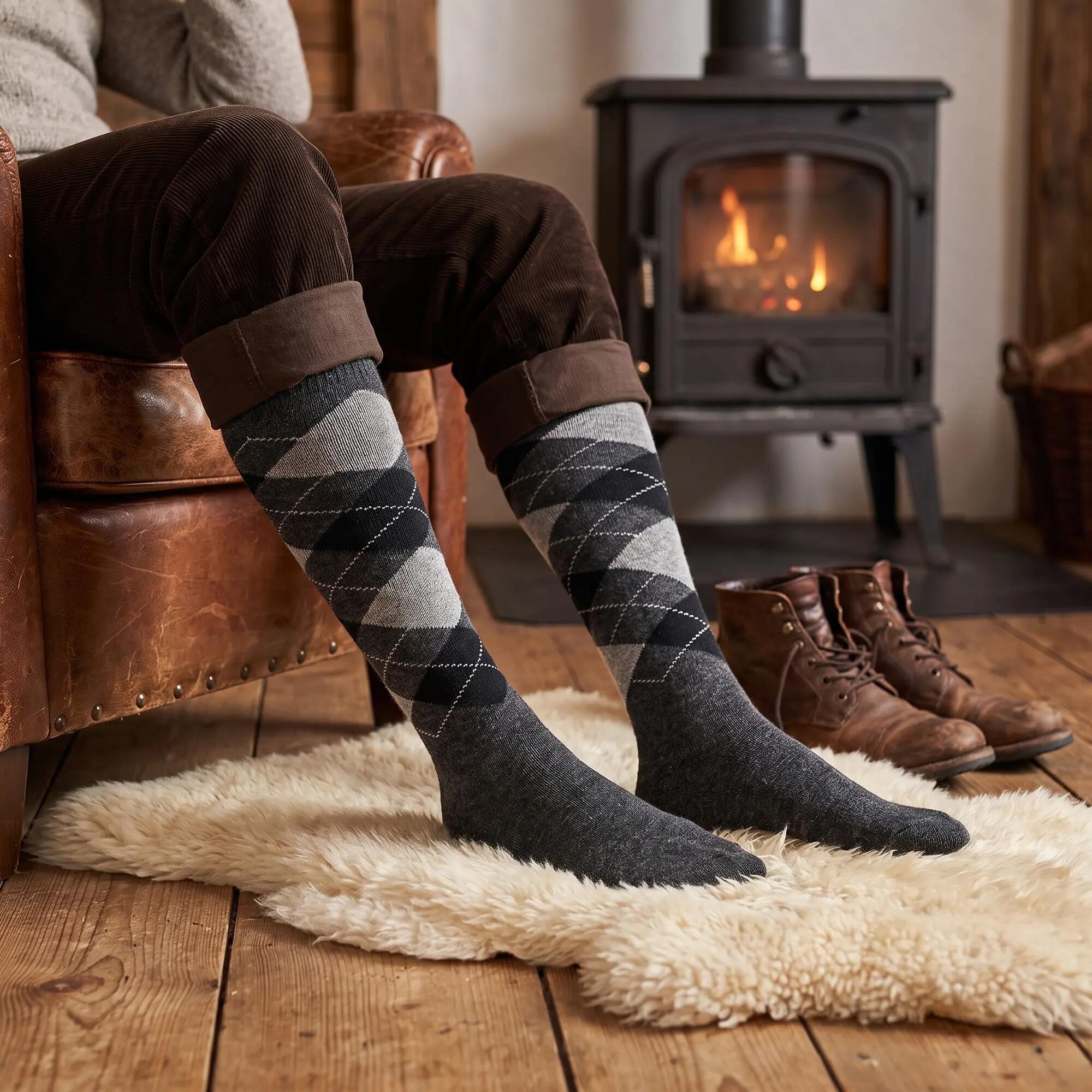 Damen Herren Reiten Wandern Kniestrümpfe mit Alpakawolle kariert warm 4er Pack 4/7
