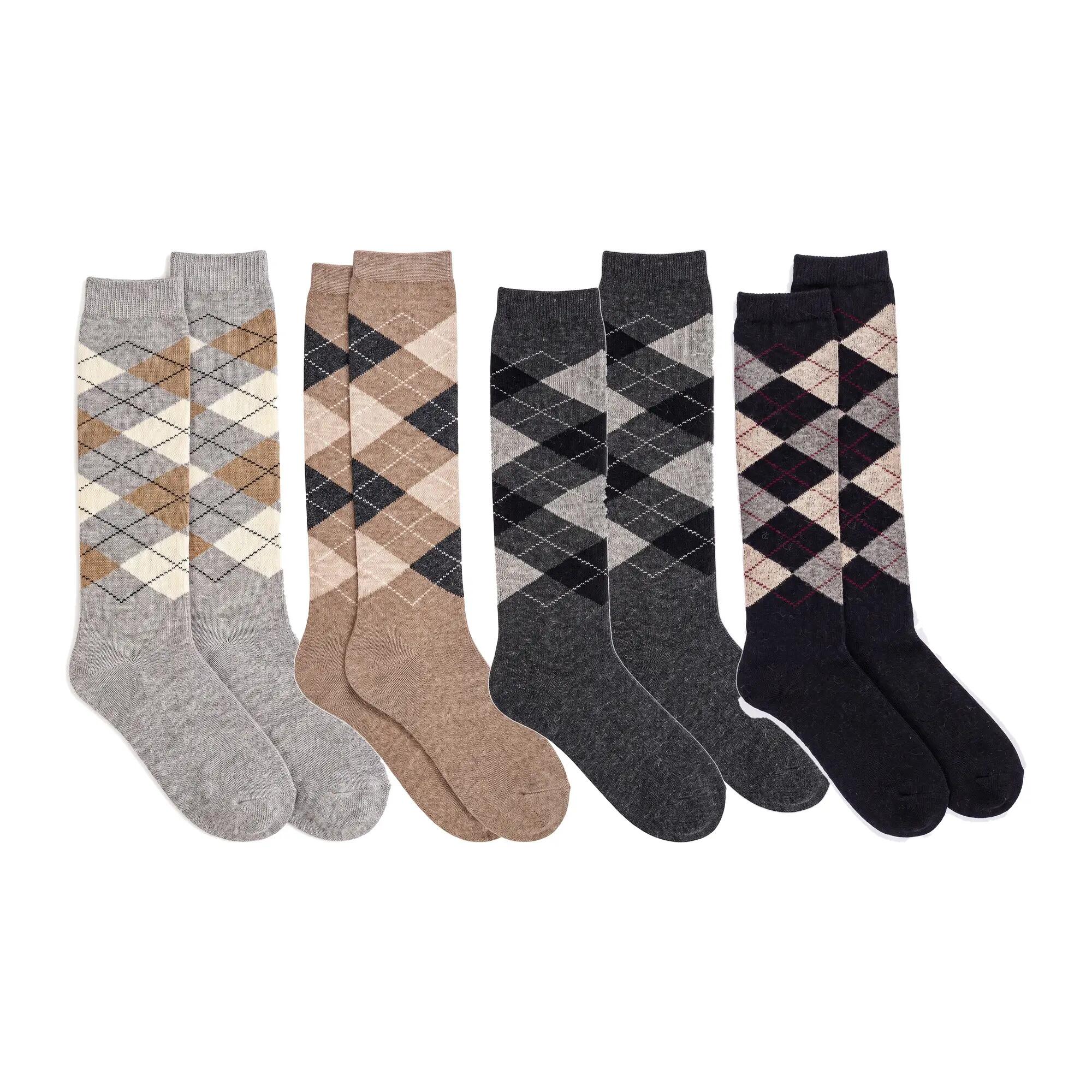 Damen Herren Reiten Wandern Kniestrümpfe mit Alpakawolle kariert warm 4er Pack 2/7