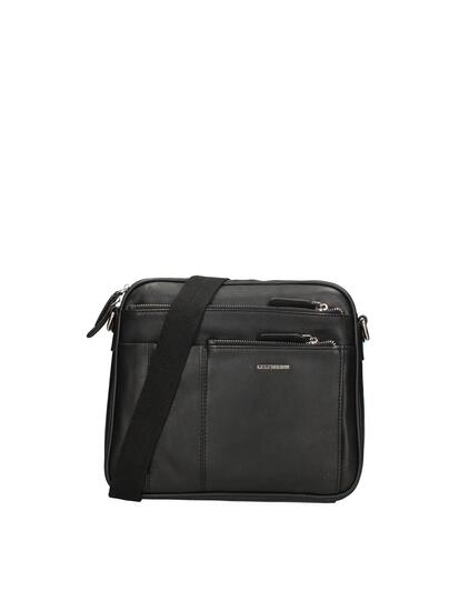 Sac à Bandoulière Homme Noir Cuir Véritable avec Fermeture Éclair et Poches