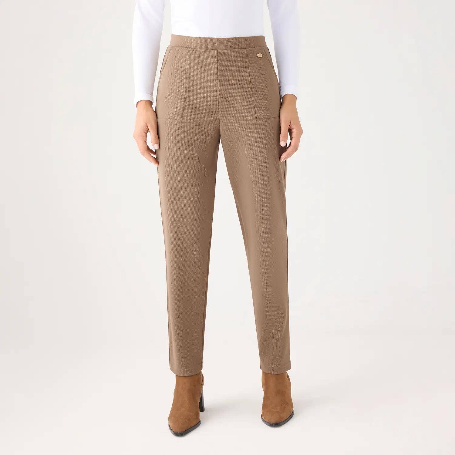 Pantalon slim, texture piqué, taille haute, camel. 3/7