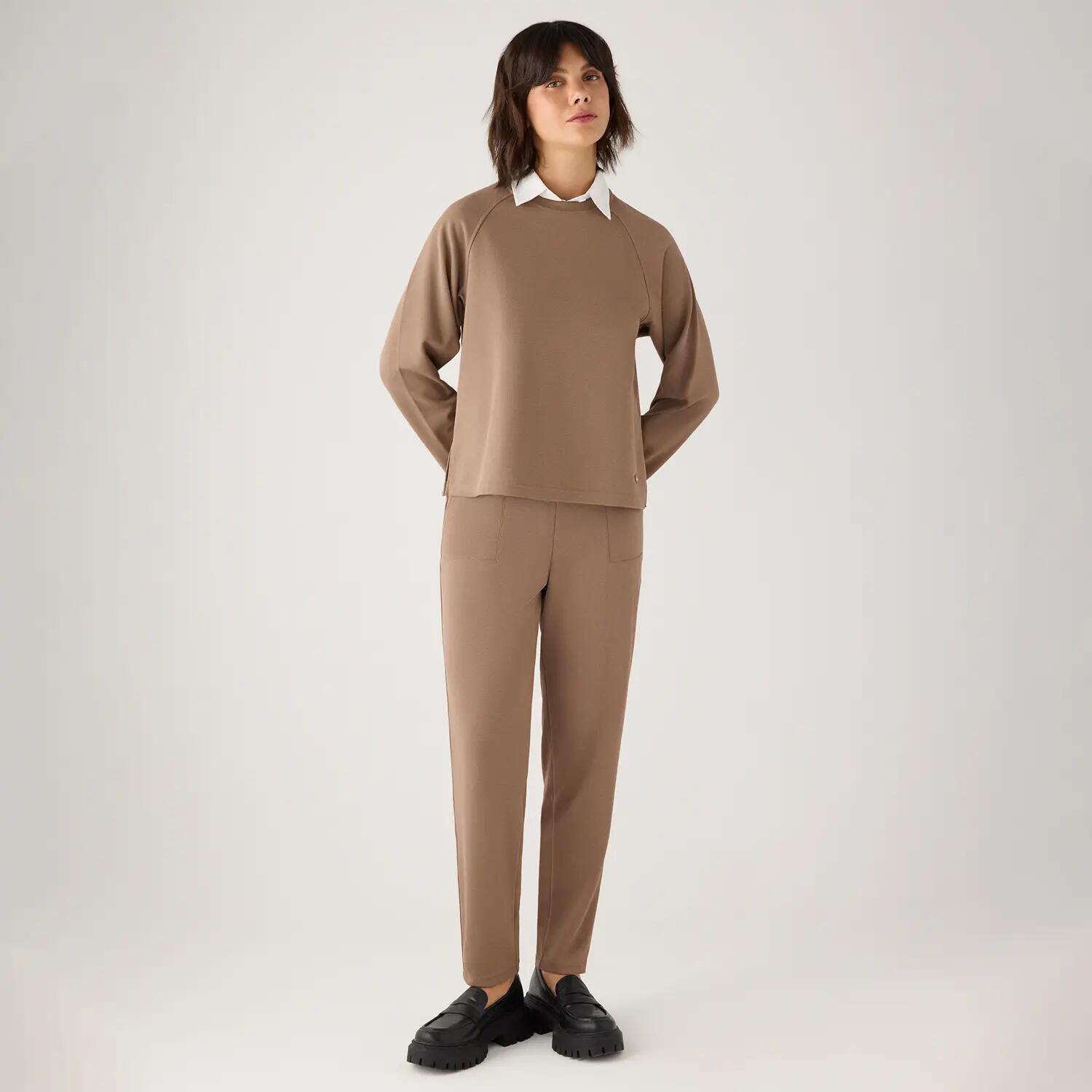 Pantalon slim, texture piqué, taille haute, camel. 2/7
