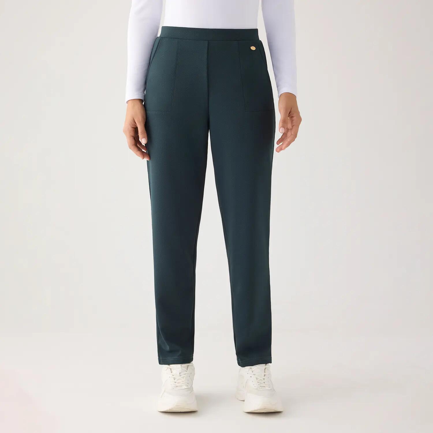 Pantalon slim taille haute en piqué vert bouteille 3/7