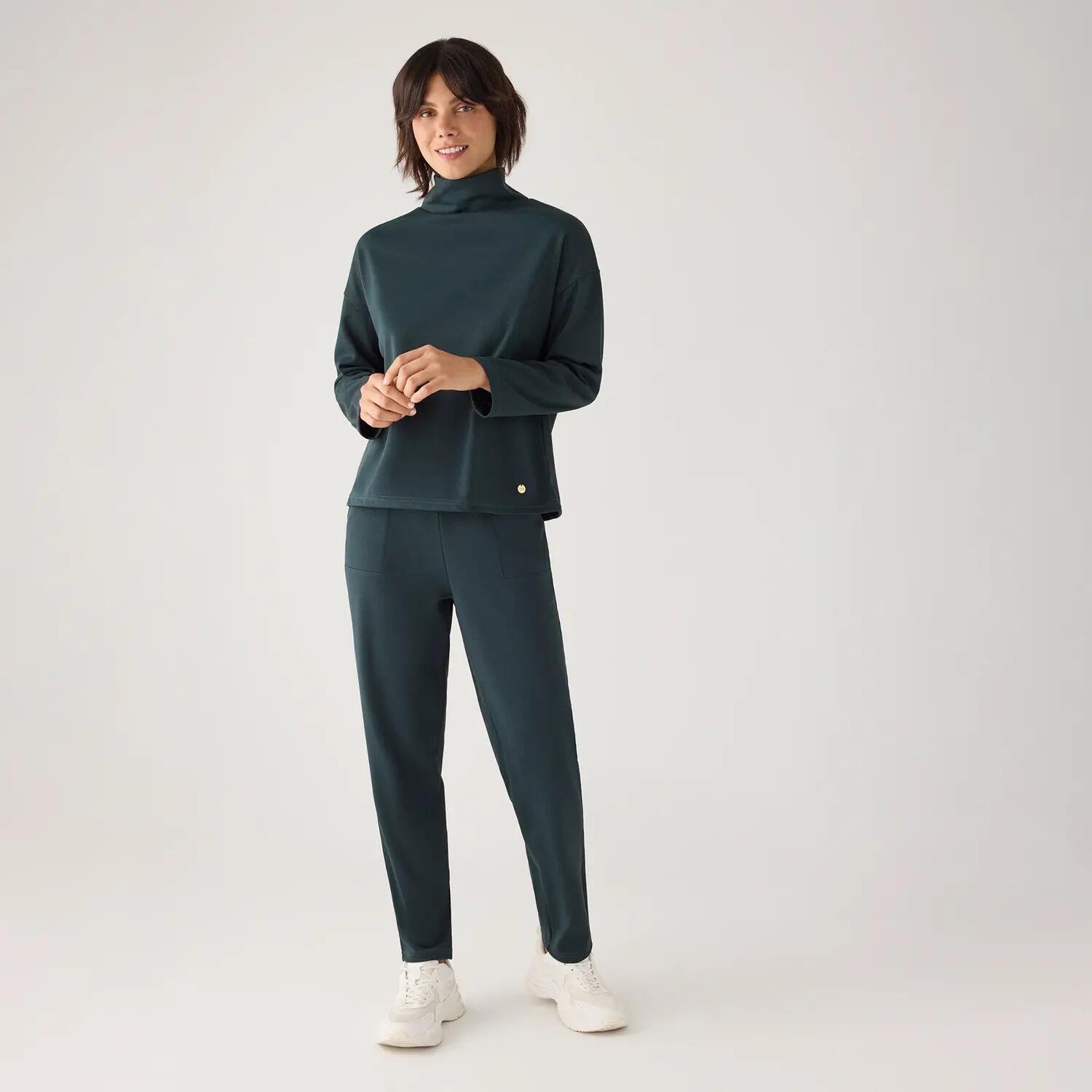 Pantalon slim taille haute en piqué vert bouteille 2/7