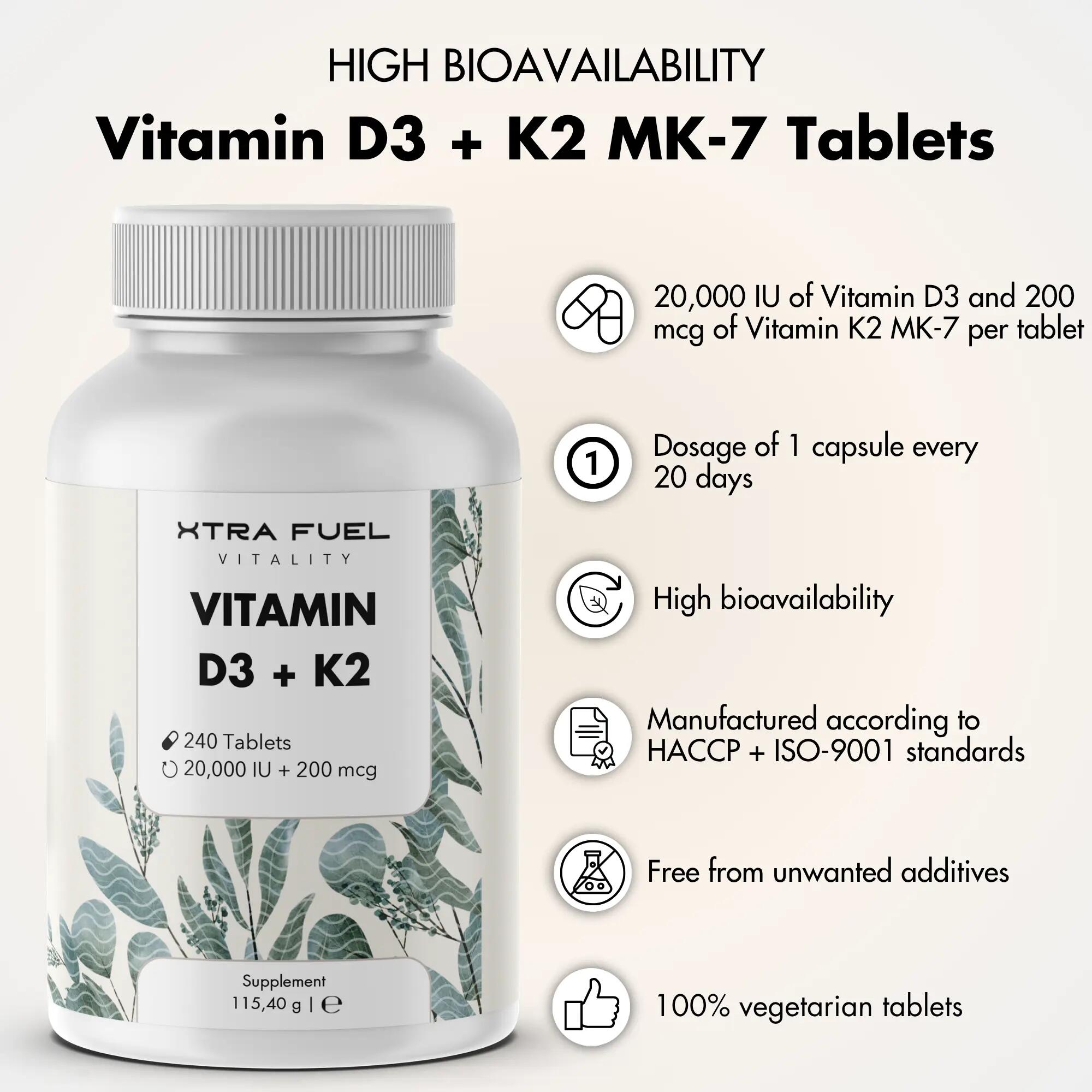 Vitamine D3 + K2 tabletten 20.000 IE + 200 µg MK-7 5/9
