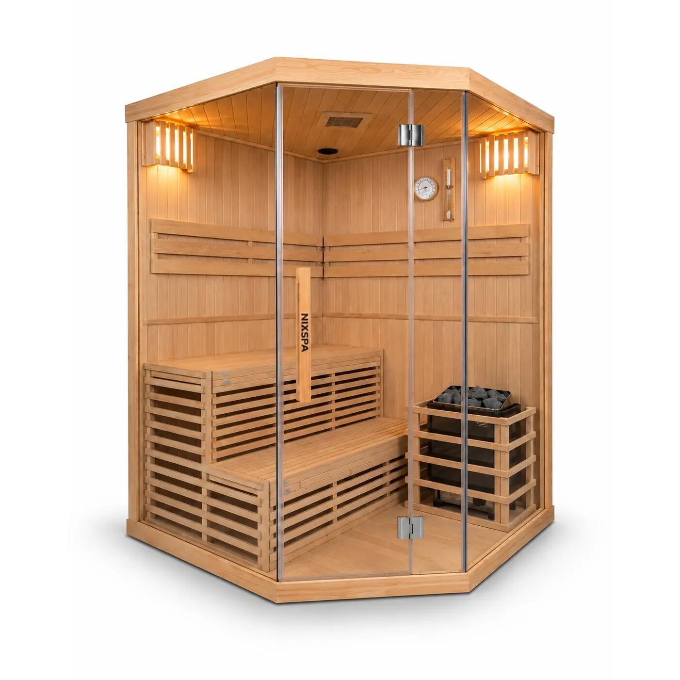 Ecksauna Finnisch 4-5 Personen Hemlockholz LED 8 mm Glas 6 kW 1/9