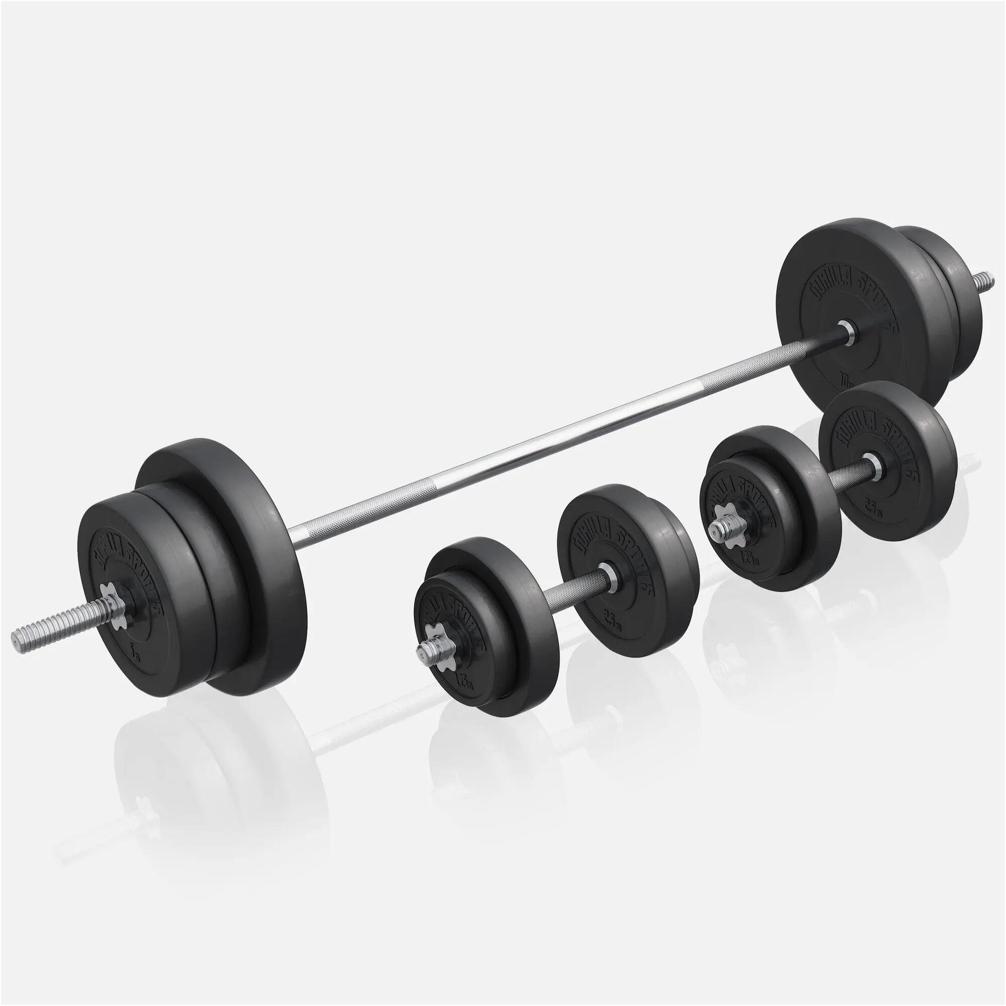 Ławka szeroka pod sztangę 3w1 zestaw bitumiczny 70 kg, sztanga i hantle 6/8