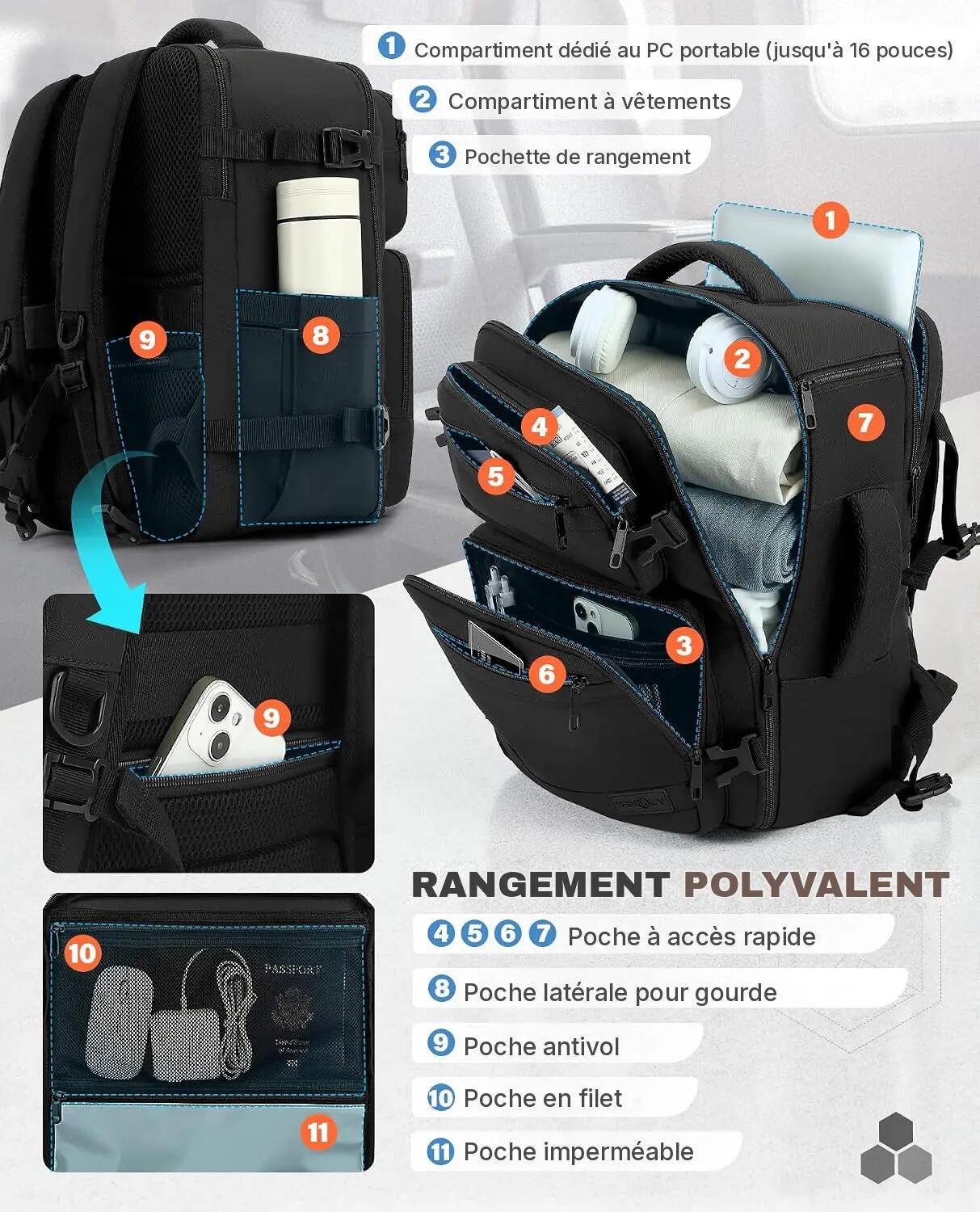 Sac à dos de voyage cabine unisexe 24 L 40x30x20 cm PC 16" - Noir/Blanc 3/3