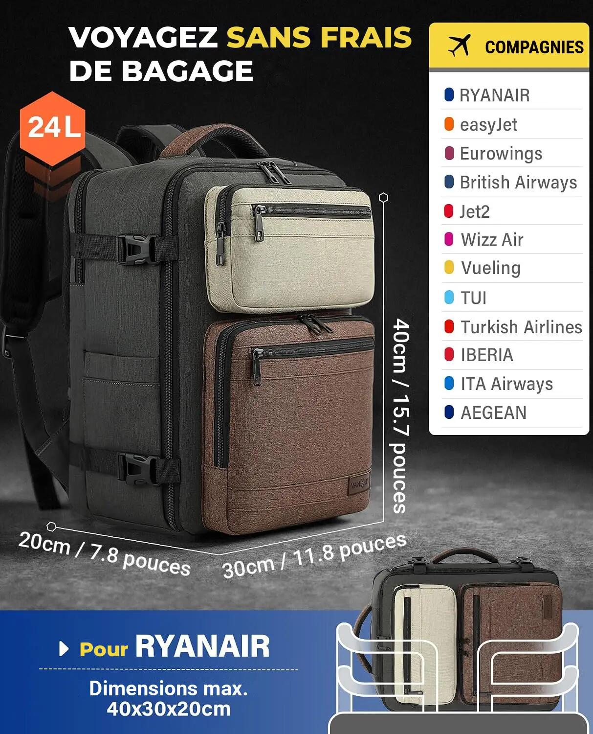 Sac à dos de voyage cabine unisexe 24 L 40x30x20 cm PC 16" - Vert olive/Marron 2/3