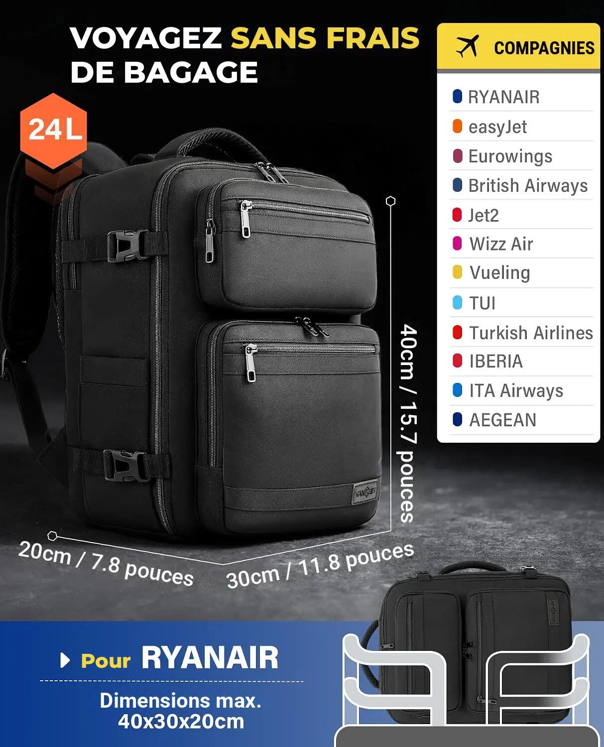 Sac à dos de voyage cabine unisexe 24 L 40x30x20 cm PC 16" - Noir/Blanc 2/3