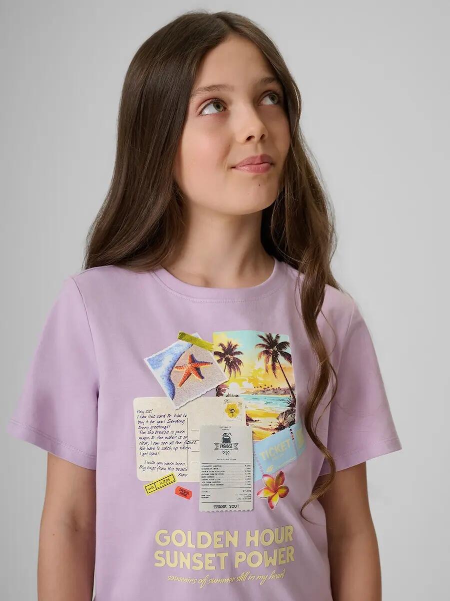 T-shirt regular z nadrukiem dziewczęcy 4F 3/6