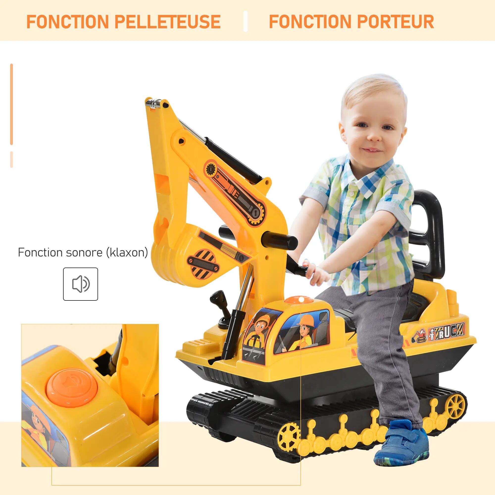 Porteur enfant tractopelle 12-36 mois coffre klaxon fonction pivotante jaune 4/5