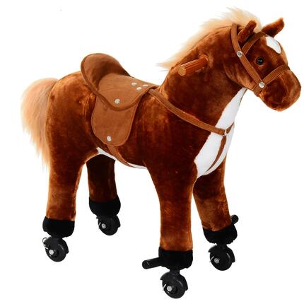 Cheval debout mobile en peluche effets sonores hennissement galop selle marron