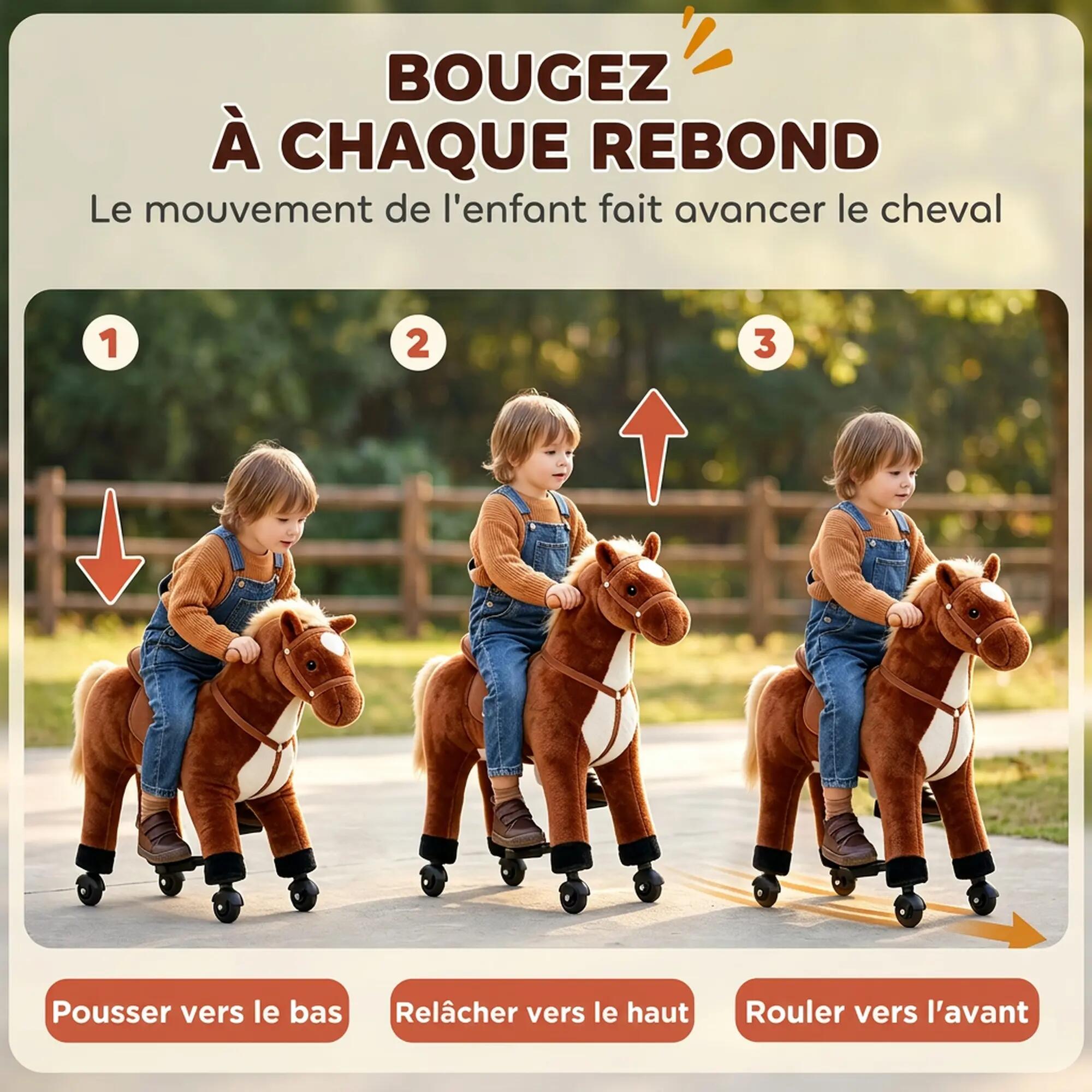 Cheval debout mobile en peluche effets sonores hennissement galop selle marron 5/5