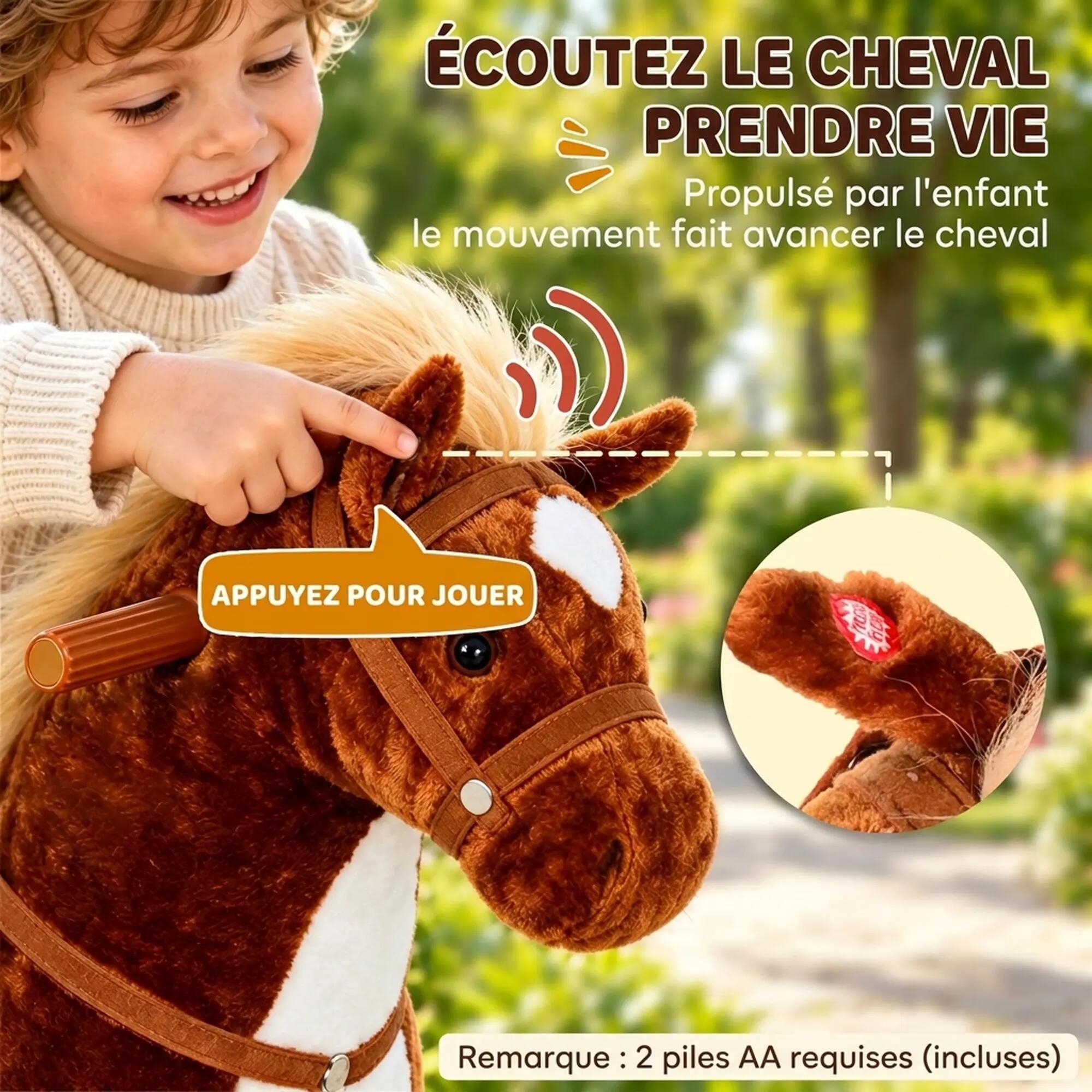 Cheval debout mobile en peluche effets sonores hennissement galop selle marron 4/5