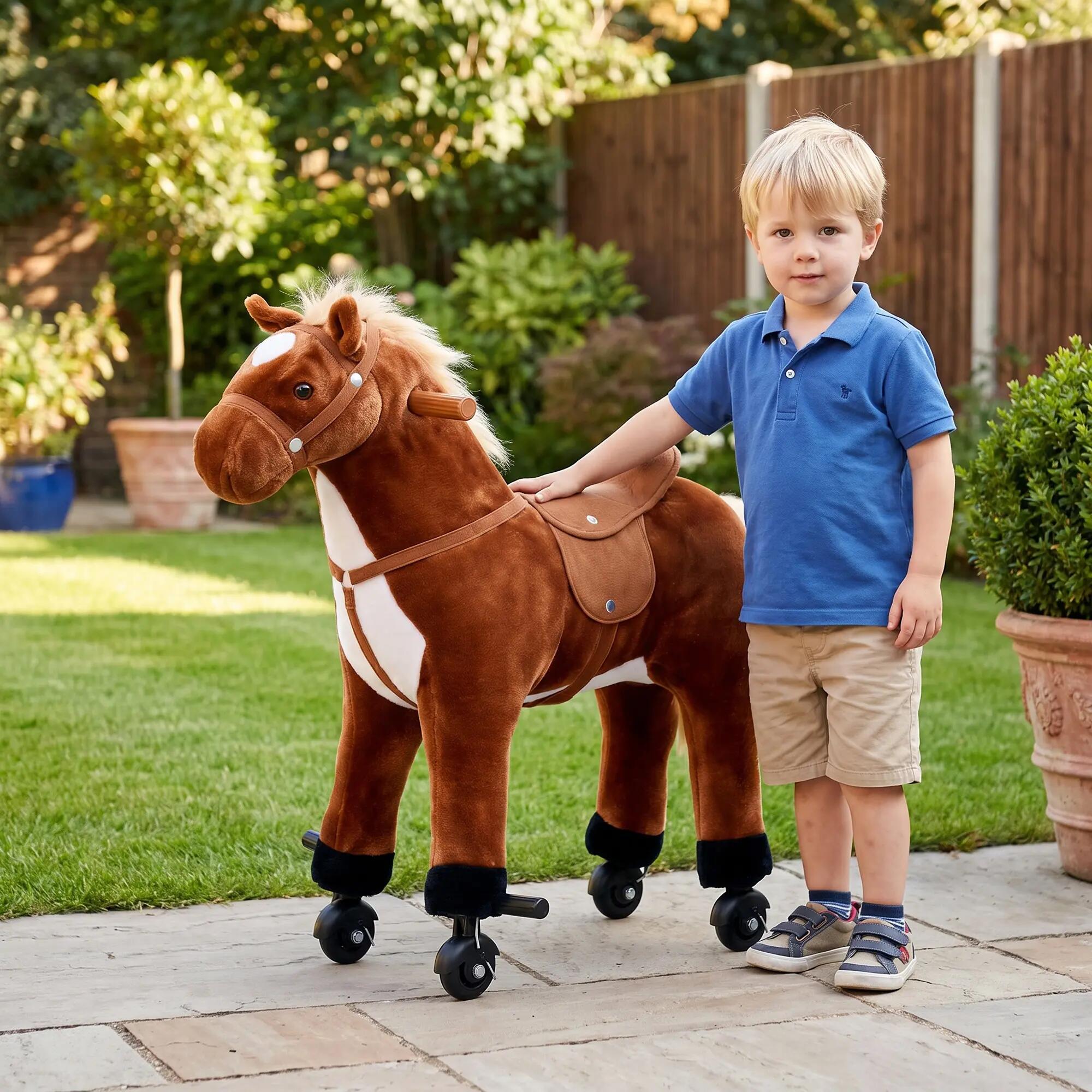 Cheval debout mobile en peluche effets sonores hennissement galop selle marron 2/5