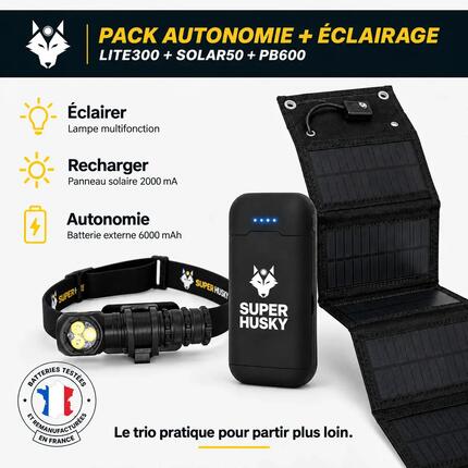 Pack autonomie : éclairage + panneau solaire + batterie externe