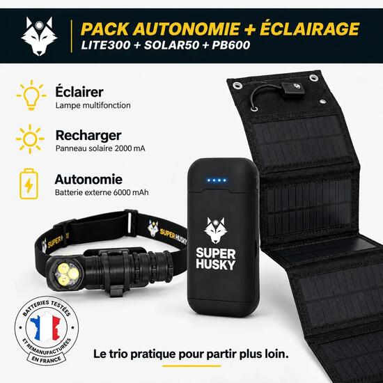 Pack autonomie : éclairage + panneau solaire + batterie externe