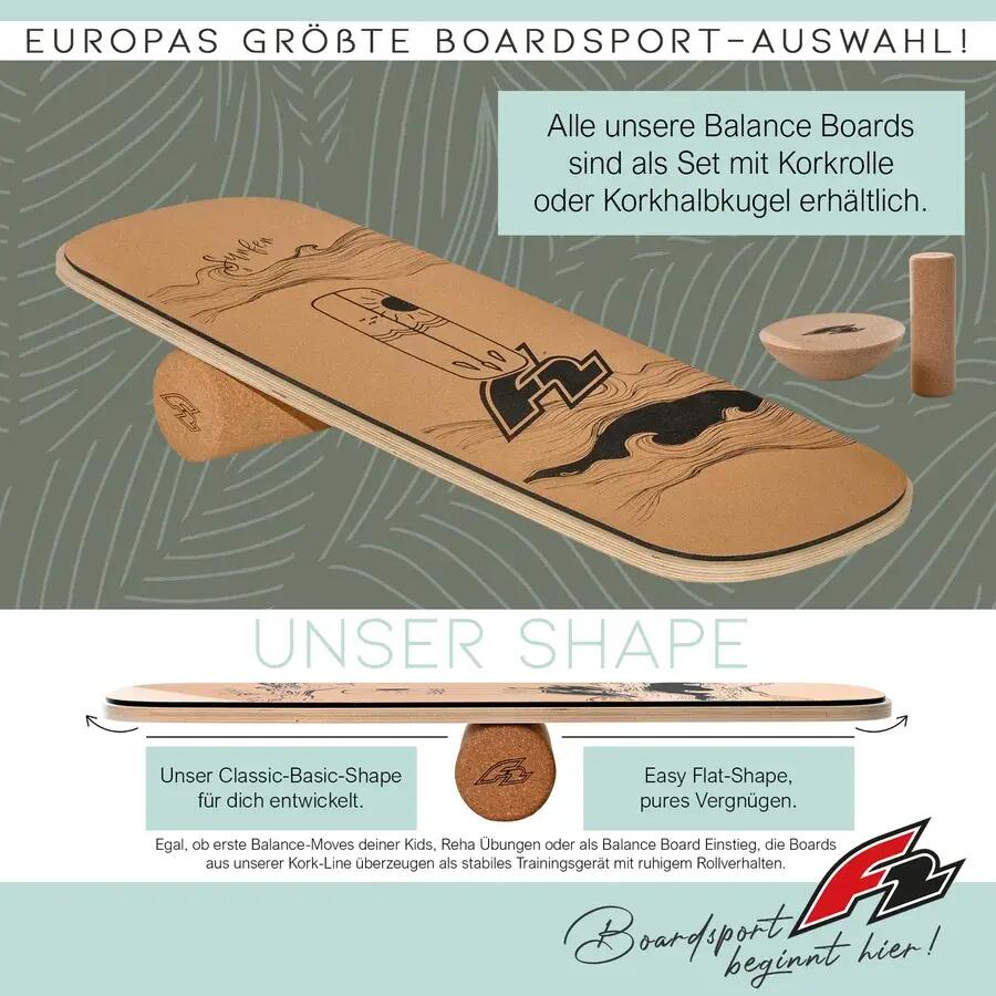 F2 Kork Balance Board Surf 84 x 31 cm inkl. Korkrolle 3/4