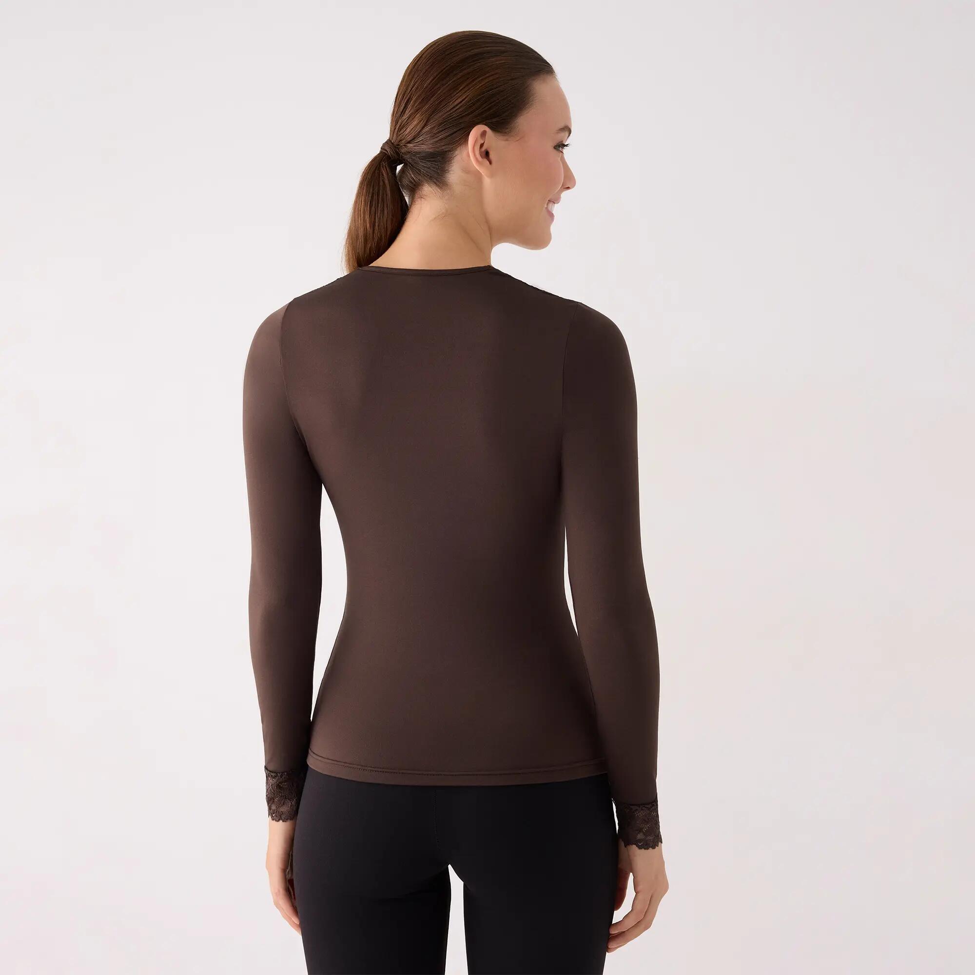 TÉRMICO Camiseta mujer manga larga cuello cuadrado con encaje marrón 2/6