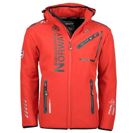 Veste softshell de randonnée pour homme, capuche amovible, rouge et noir