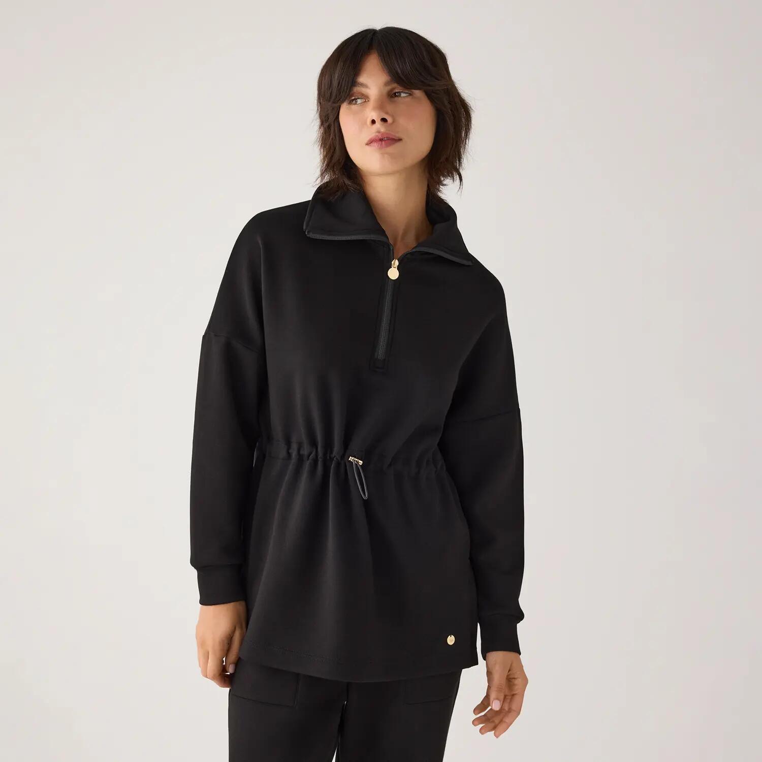 Sudadera larga afelpada con cremallera y cintura ajustable negra 2/7