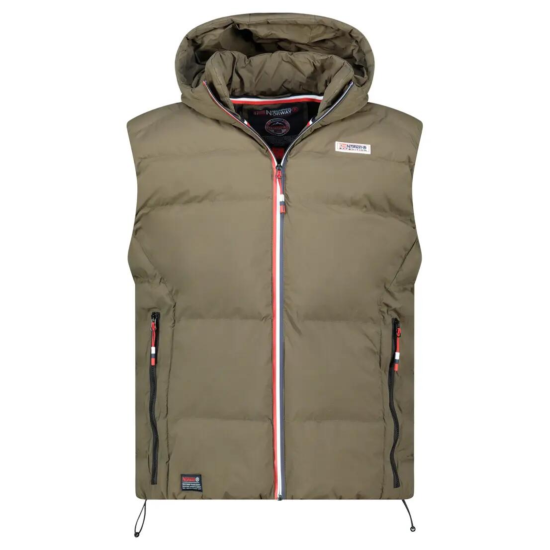 Men’s hiking vest – quilted, hooded, zippered pockets – Khaki 1/6