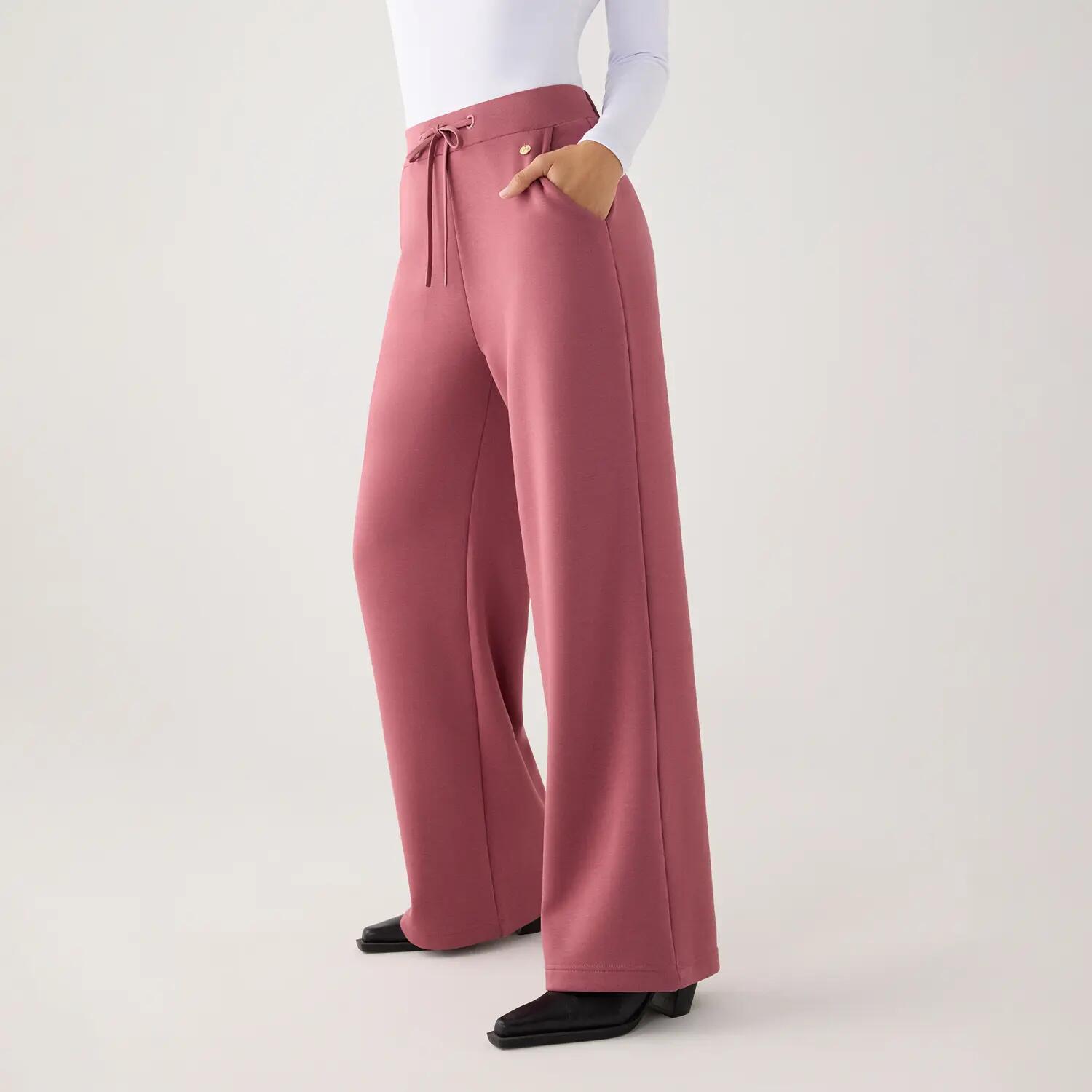 Calças retas com forro de lã rosa, cintura alta e cintura ajustável. 7/7