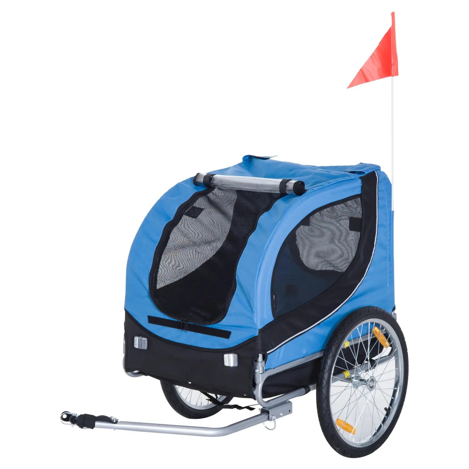 Remorque velo pour chien animaux avec 8 reflecteurs drapeau bleu noir 1/5