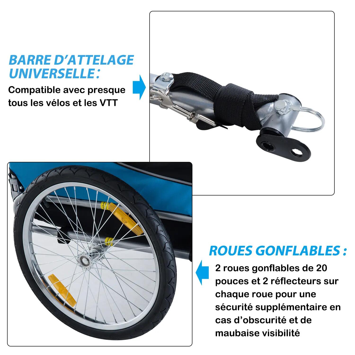 Remorque velo pour chien animaux avec 8 reflecteurs drapeau bleu noir 4/5
