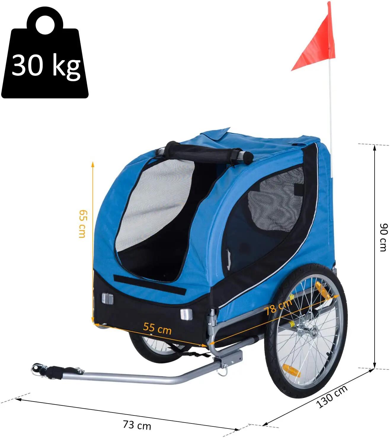 Remorque velo pour chien animaux avec 8 reflecteurs drapeau bleu noir 3/5
