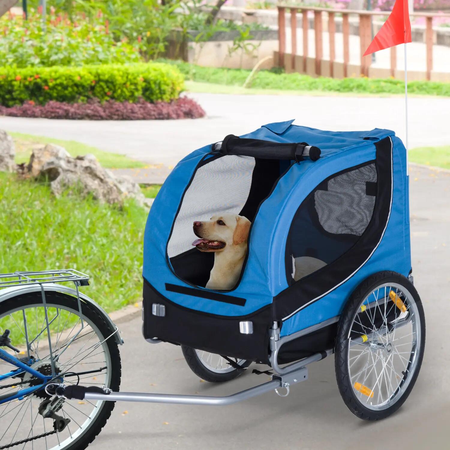 Remorque velo pour chien animaux avec 8 reflecteurs drapeau bleu noir 2/5