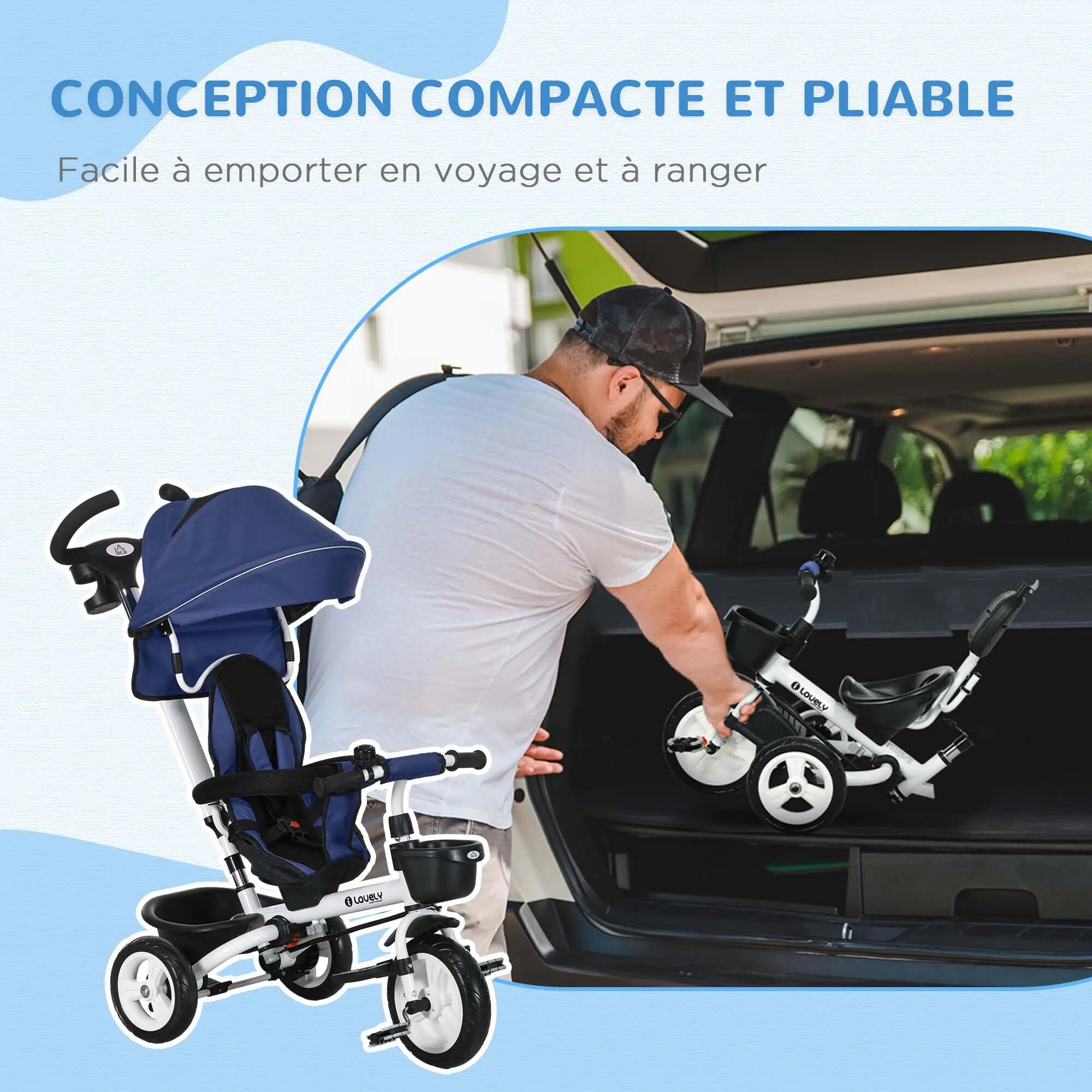 Tricycle enfant évolutif pliable canne télescopique siège réversible 4/5