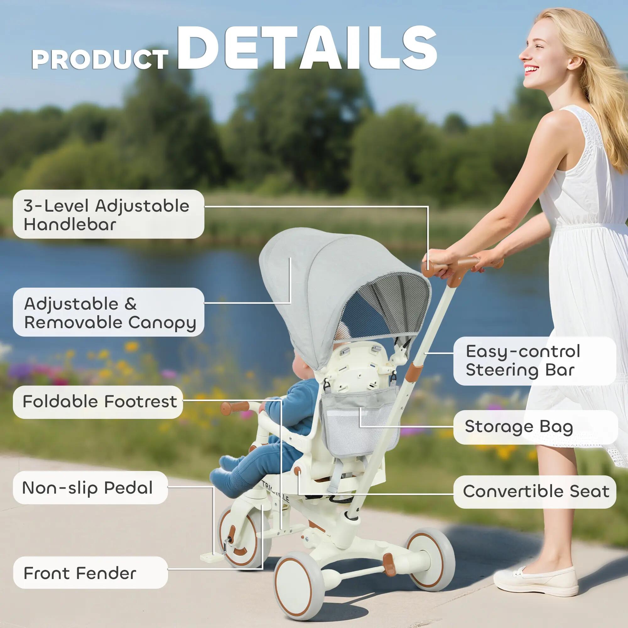 Tricycle enfant pliable évolutif 5 en 1 poignée telescopique 4/5