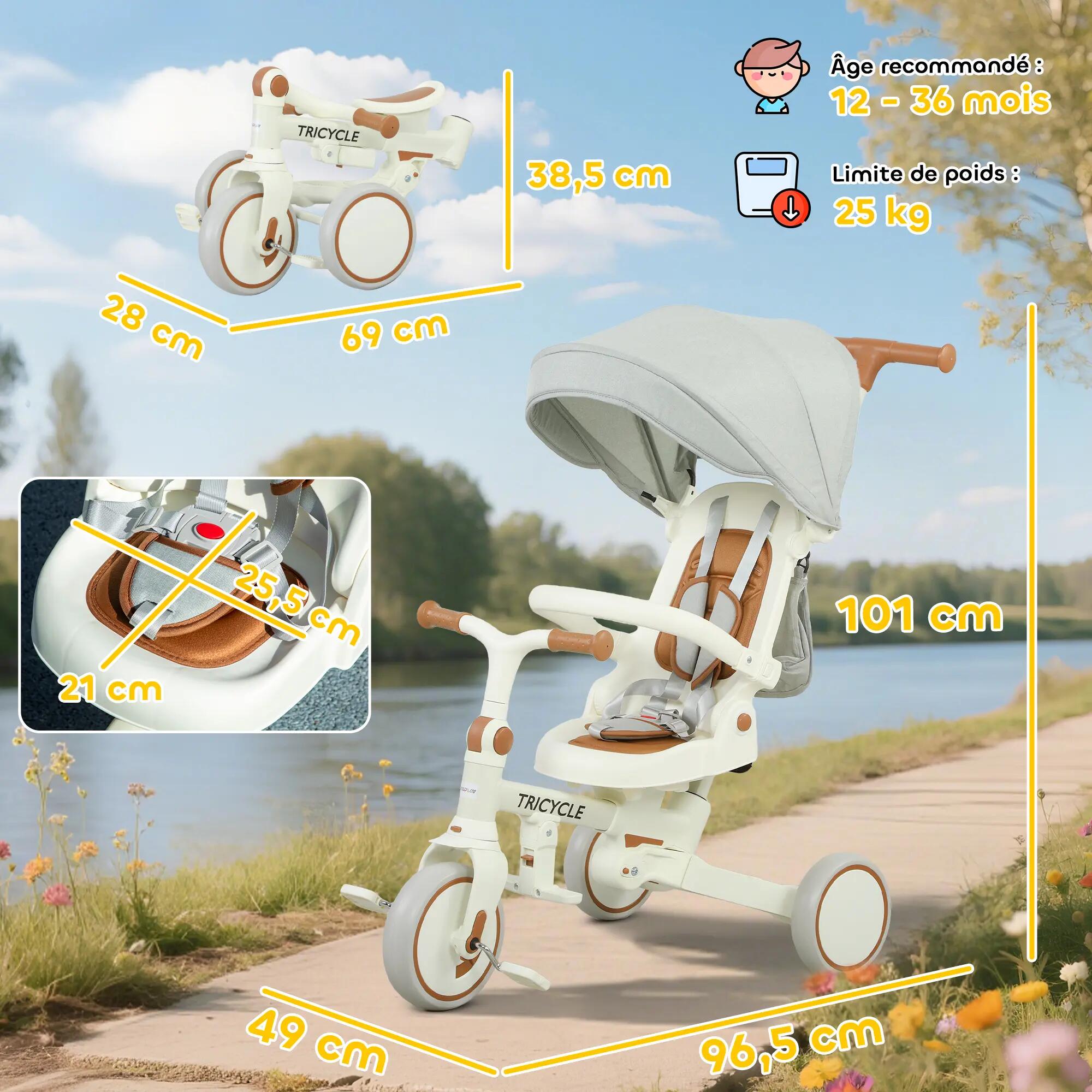 Tricycle enfant pliable évolutif 5 en 1 poignée telescopique 3/5