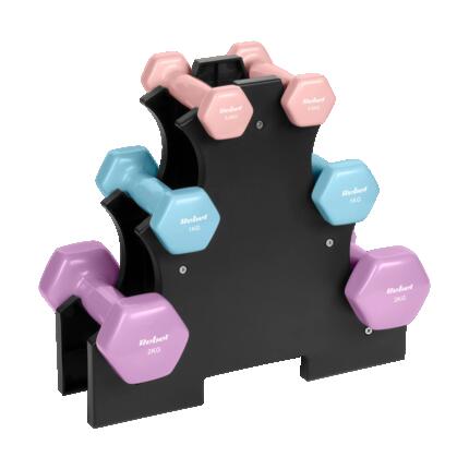 Hantelki żeliwne winylowe HEX zestaw 7 kg stojak 2 x 0.5kg-1kg-2kg Rebel
