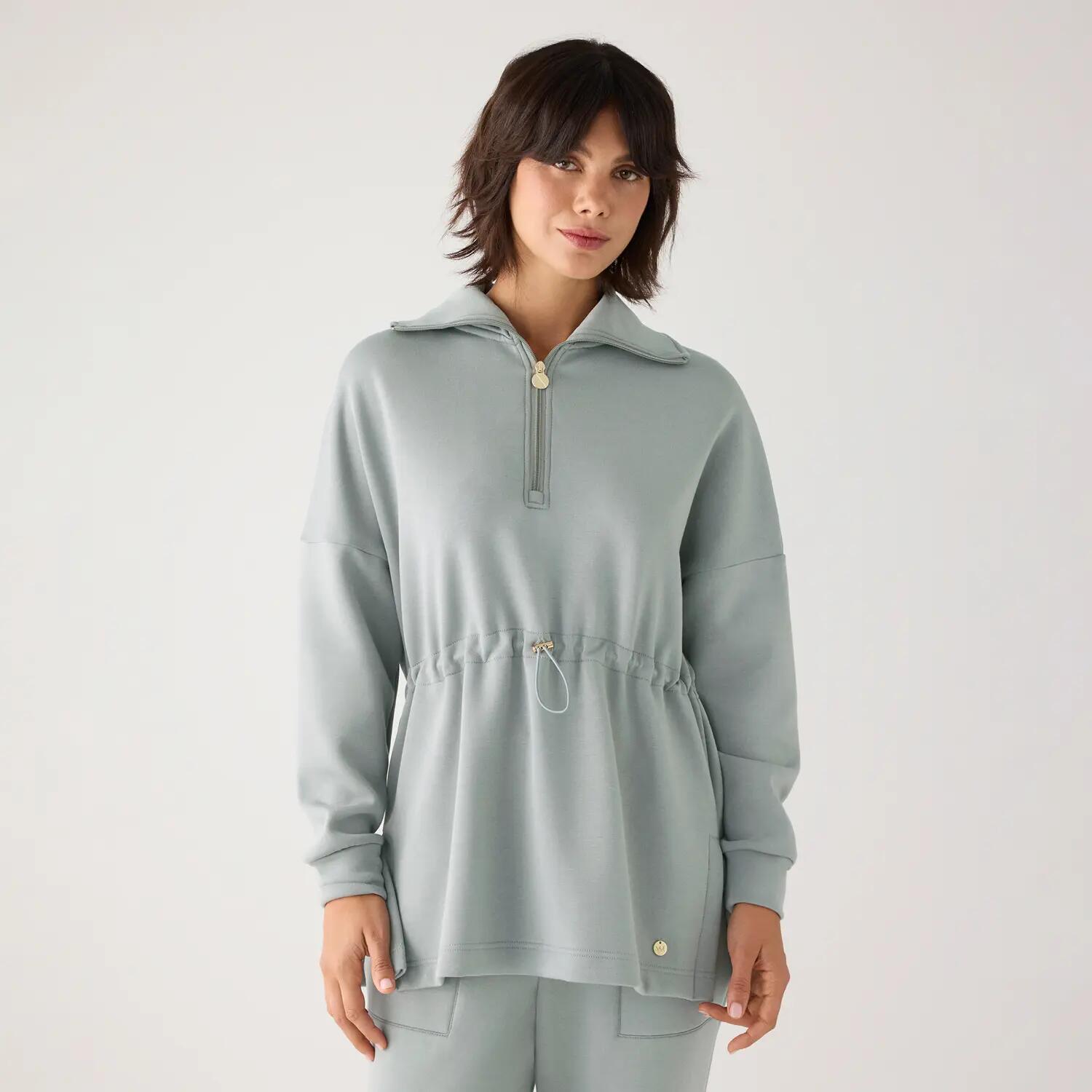 Sudadera larga afelpada con cremallera y cintura ajustable azul 2/7