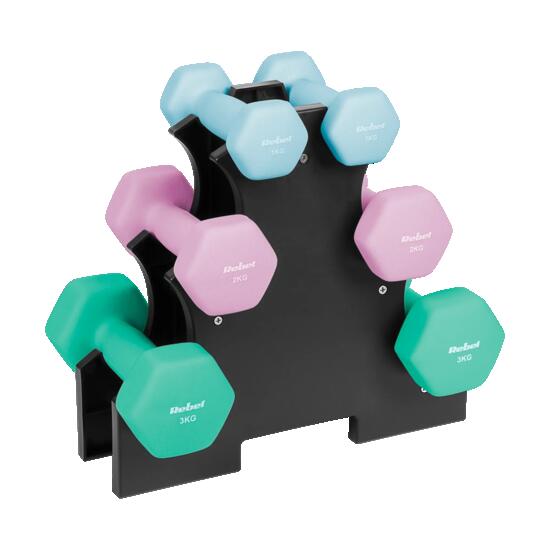 Hantelki żeliwne neoprenowe HEX zestaw 7kg stojak 2 x 0.5kg-1kg-2kg Rebel