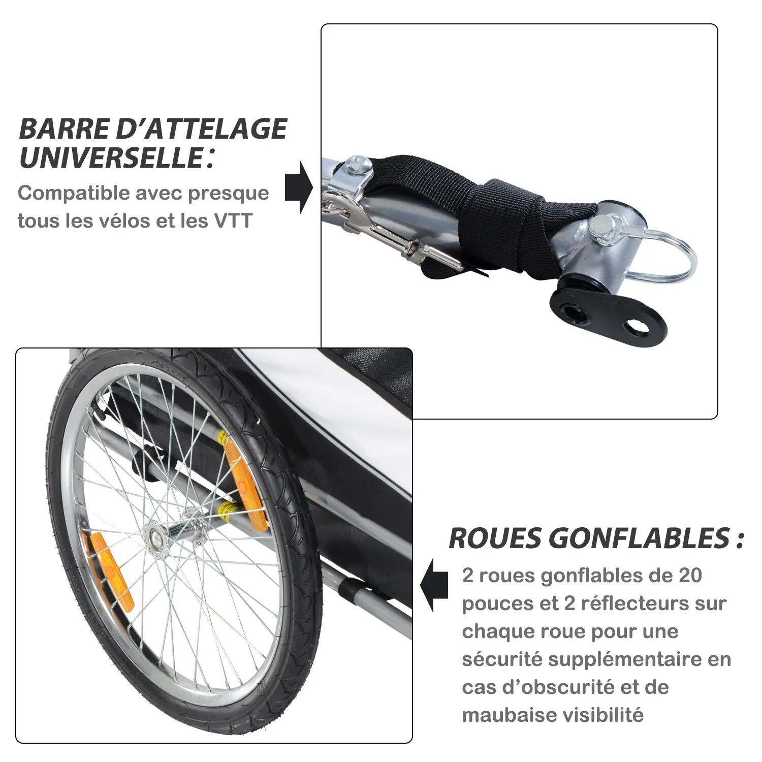 Remorque velo pour chien animaux avec drapeau et 8 reflecteurs blanc et noir 4/5