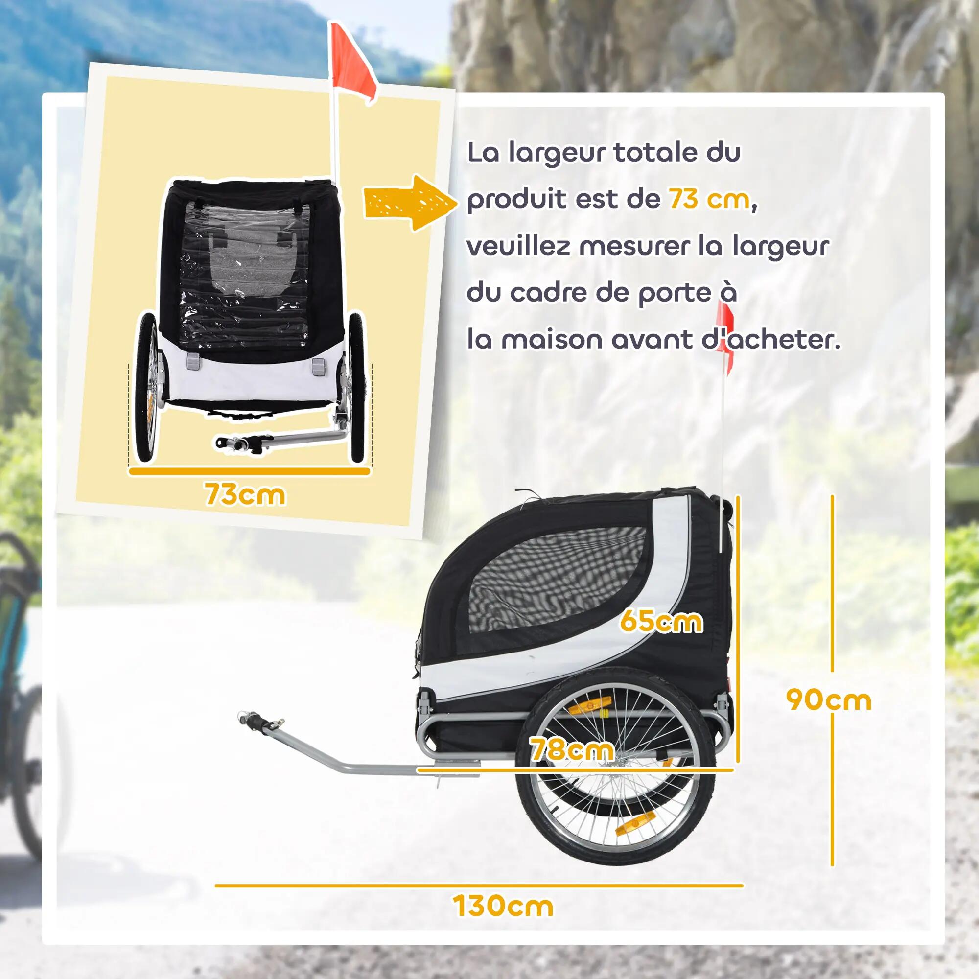 Remorque velo pour chien animaux avec drapeau et 8 reflecteurs blanc et noir 3/5