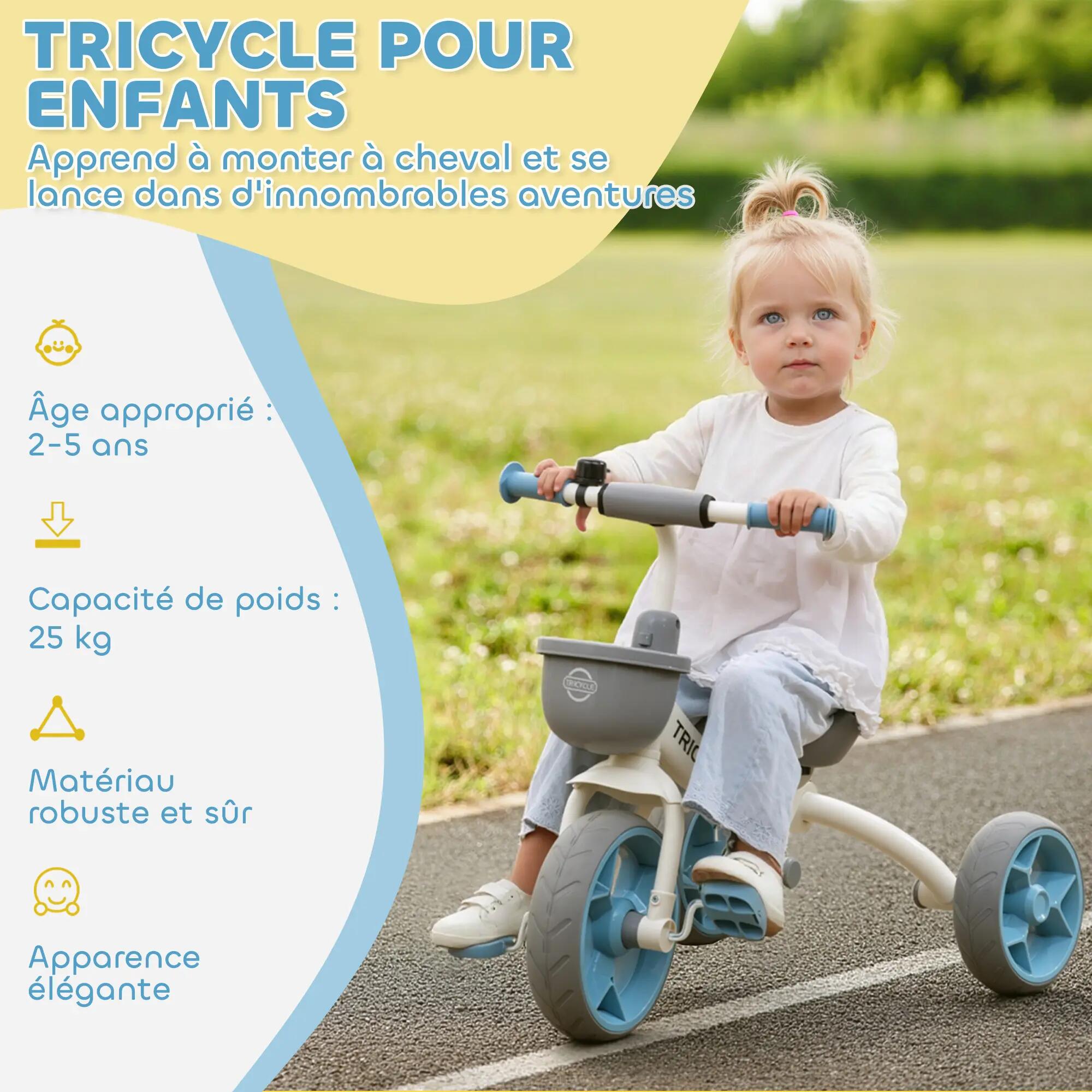 Tricycle enfant multi-équipé métal bleu blanc gris 4/5