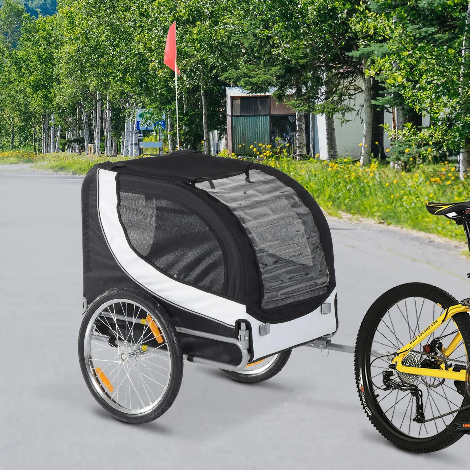 Remorque velo pour chien animaux avec drapeau et 8 reflecteurs blanc et noir 2/5