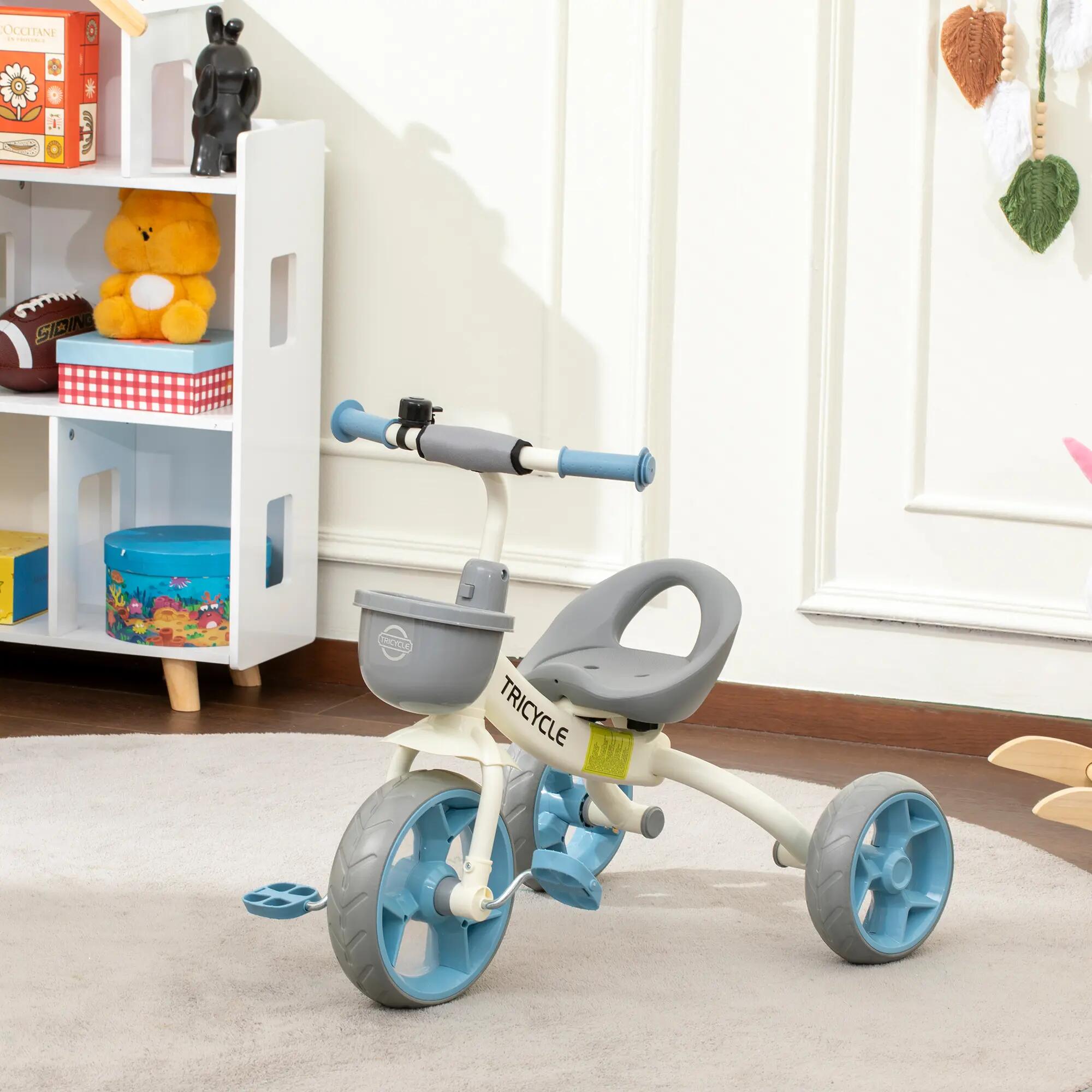 Tricycle enfant multi-équipé métal bleu blanc gris 2/5