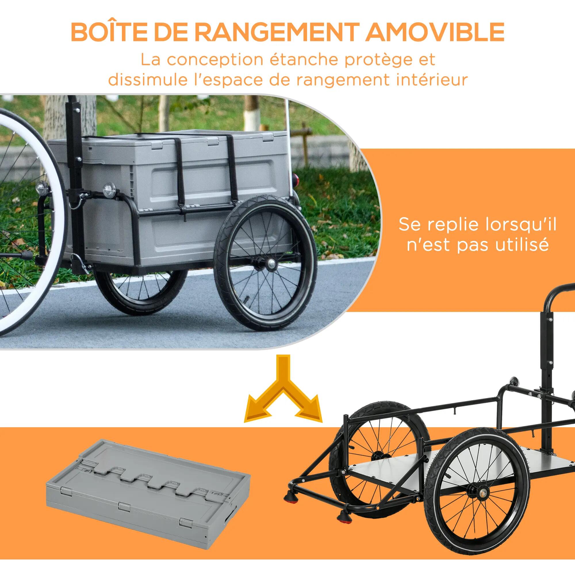 Remorque chariot à vélo avec coffre de rangement amovible pliable 65L 3/5