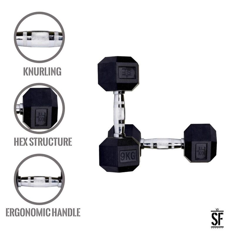 Haltères courts Suprfit Hex en caoutchouc (la paire)- 1-50kg la paire