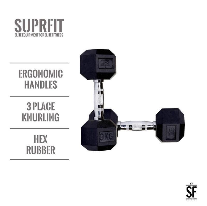 Haltères courts Suprfit Hex en caoutchouc (la paire)- 1-50kg la paire