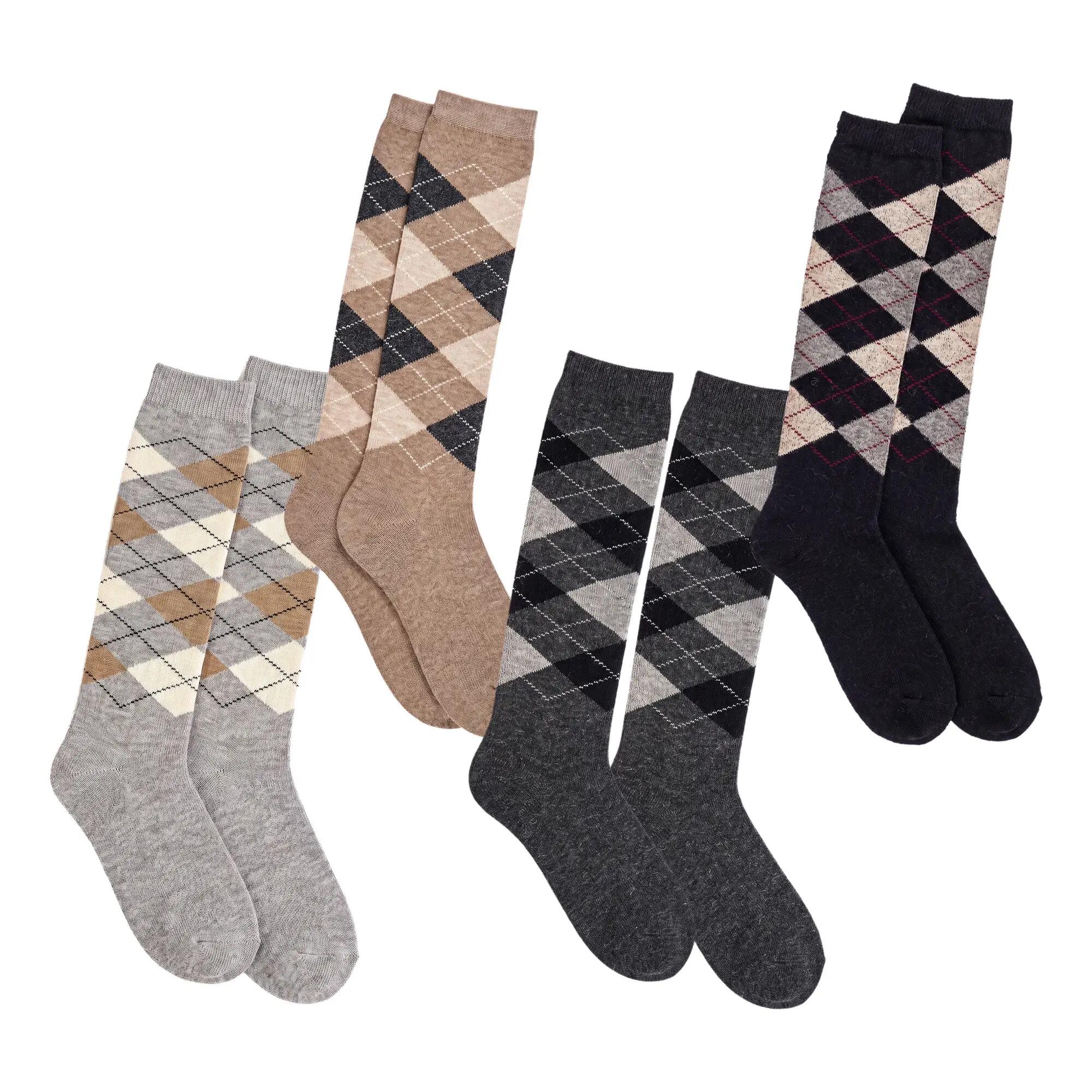 Damen Herren Reiten Wandern Kniestrümpfe mit Alpakawolle kariert warm 4er Pack 1/7