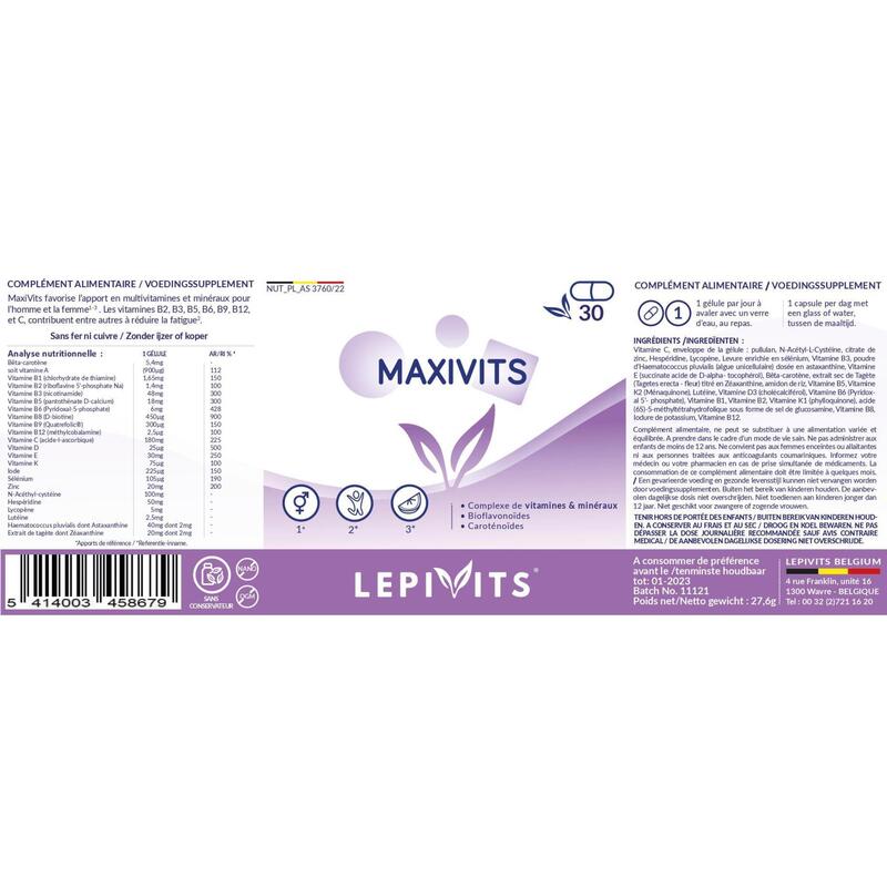 Maxivits - Complexe de multivitamines et minéraux - 30 gélules vegan