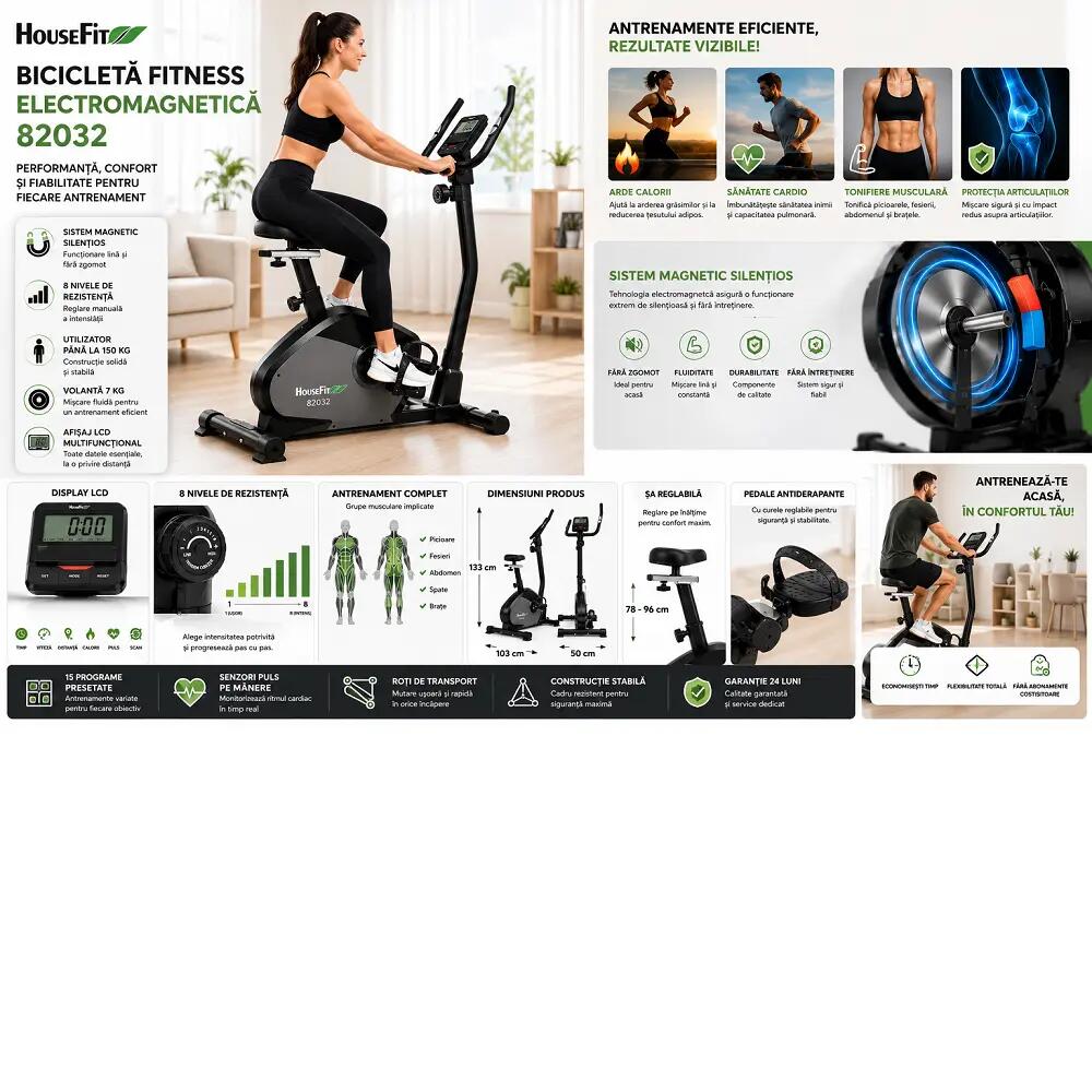 Bicicleta magnetica HB-82032HP, greutate max utilizator 140 kg, volanta 8 kg 9/9