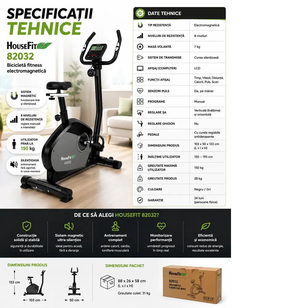 Bicicleta magnetica HB-82032HP, greutate max utilizator 140 kg, volanta 8 kg 8/9