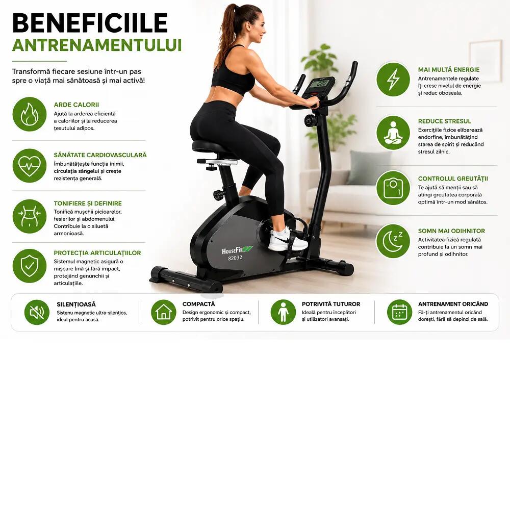 Bicicleta magnetica HB-82032HP, greutate max utilizator 140 kg, volanta 8 kg 6/9